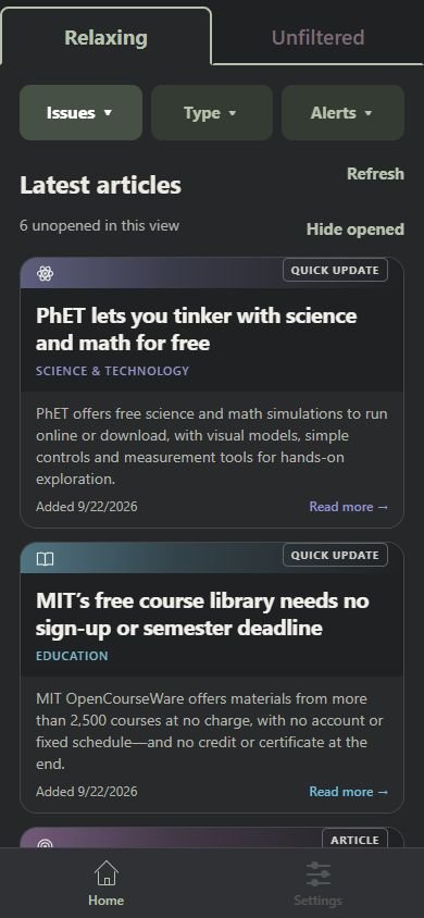 Actual app showing both tabs, topic controls and the first article.